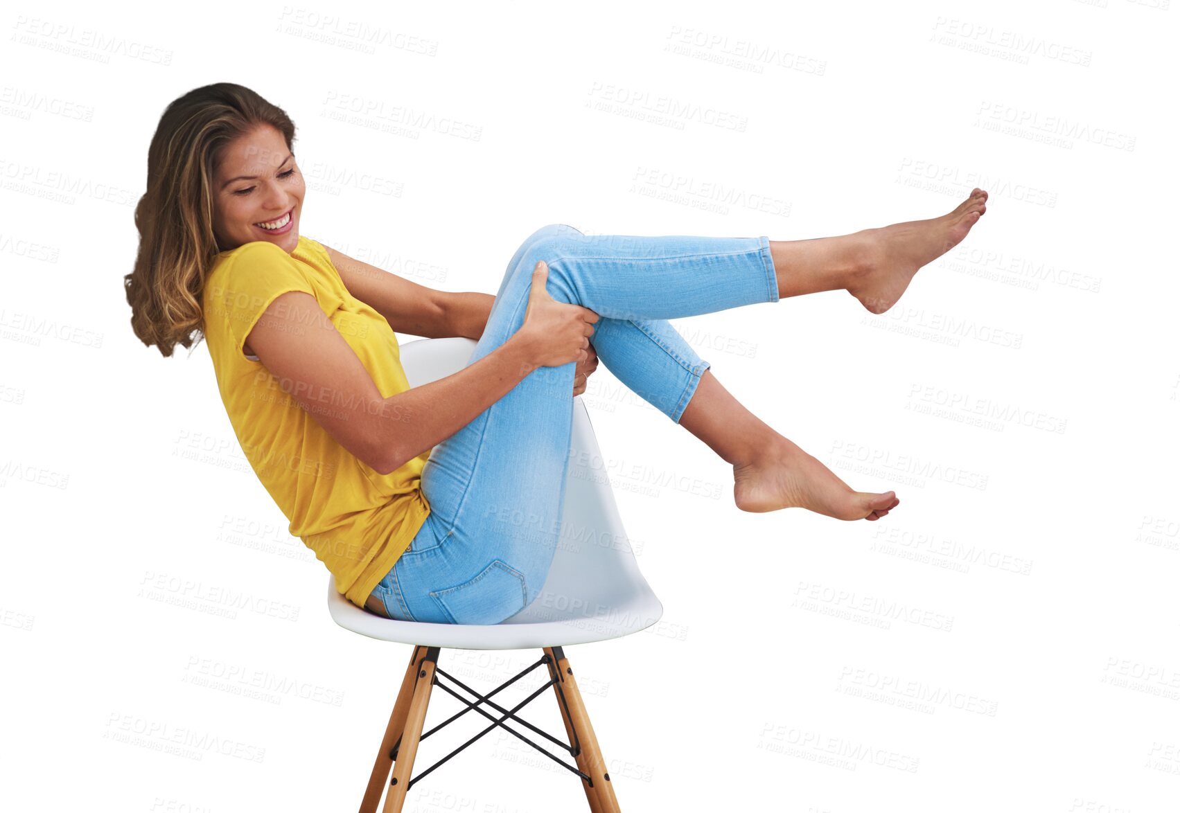 Buy stock photo Happy, relax and woman sitting on chair, care free and enjoy weekend relaxation, fashion clothes or rest on furniture. Happiness, casual and excited person isolated on transparent, png background