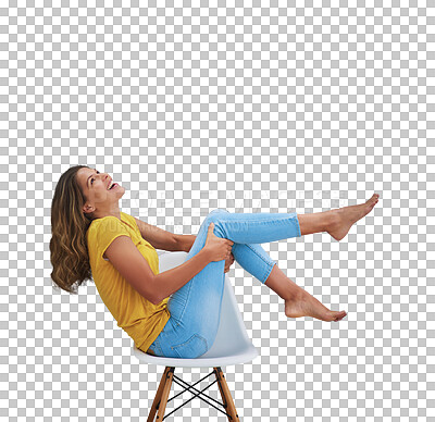 Buy stock photo Smile, relax and woman sitting on chair, care free and enjoy happy weekend relaxation, wellness or rest on furniture. Happiness, casual and laughing person isolated on transparent, png background