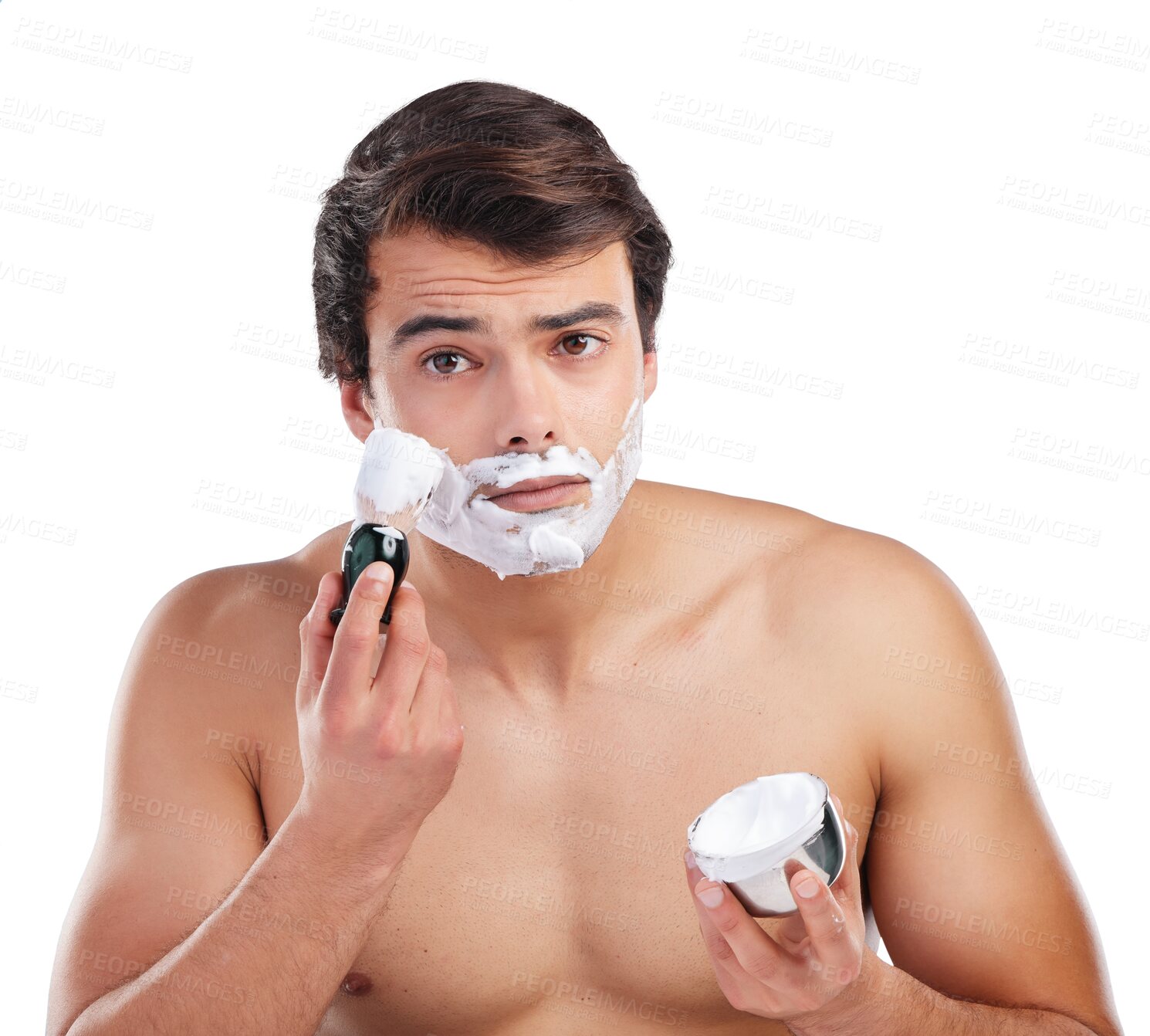 Buy stock photo Shaving, foam and portrait of man for health, wellness and skincare on png and transparent background. Beauty, beard and isolated person with face cream for grooming, hygiene and facial hair removal