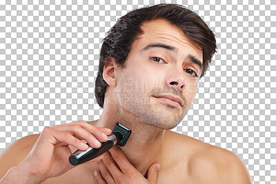 Buy stock photo Shaving, machine and portrait of man for grooming, wellness and health on png and transparent background. Beauty, beard and face of isolated person shave for skincare, hygiene and facial hair removal