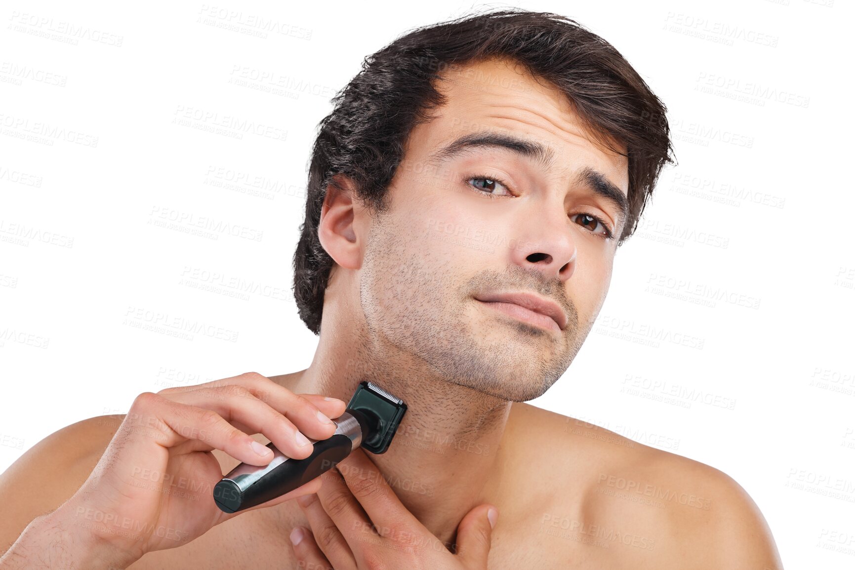 Buy stock photo Shaving, machine and portrait of man for grooming, wellness and health on png and transparent background. Beauty, beard and face of isolated person shave for skincare, hygiene and facial hair removal