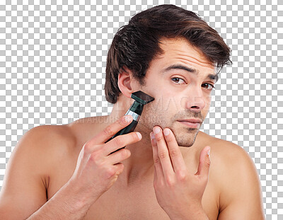 Buy stock photo Shaving, razor and portrait of man for skincare, wellness and health on png and transparent background. Beauty, beard and face of isolated person shave for grooming, hygiene and facial hair removal