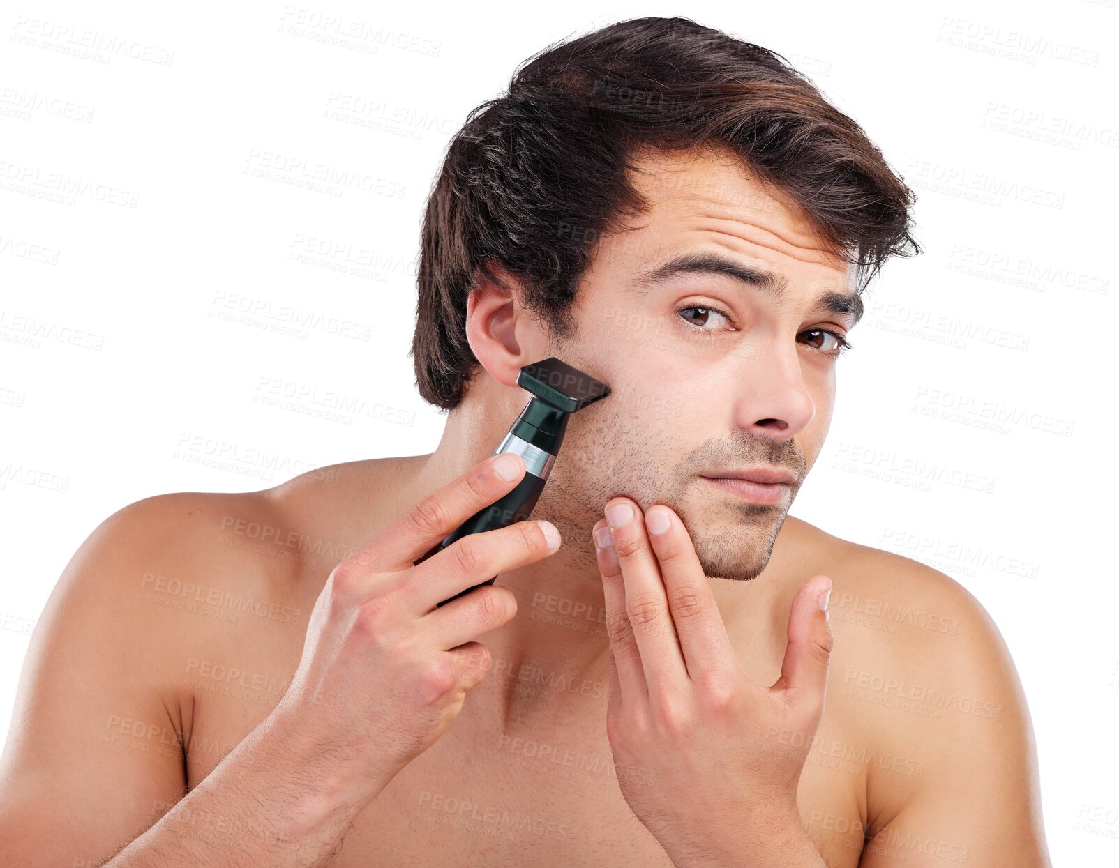 Buy stock photo Shaving, razor and portrait of man for skincare, wellness and health on png and transparent background. Beauty, beard and face of isolated person shave for grooming, hygiene and facial hair removal