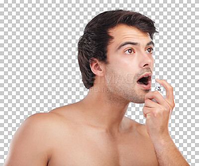 Buy stock photo Breath spray, oral care and man with hygiene product for fresh mouth, smell or dental aroma. Morning routine, wellness and face of person with mint grooming treatment on transparent, png background