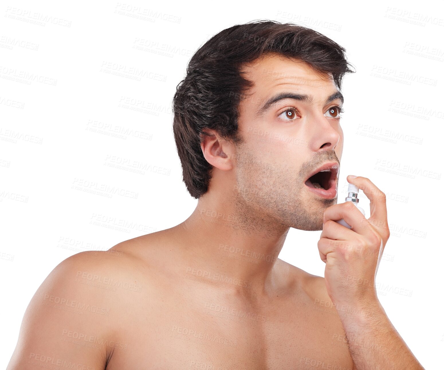 Buy stock photo Breath spray, oral care and man with hygiene product for fresh mouth, smell or dental aroma. Morning routine, wellness and face of person with mint grooming treatment on transparent, png background