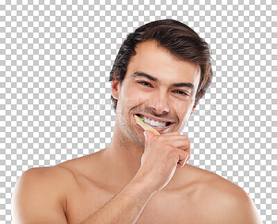 Buy stock photo Dental portrait, brushing teeth and happy man with toothbrush, toothpaste and smile for morning routine. Tooth cleaning, hygiene and face of person with oral gum health on transparent, png background