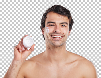 Buy stock photo Skincare, portrait and happy man with cream container, lotion or beauty product for morning routine, self care or acne protection. Face hydration, moisturizer and model on transparent, png background