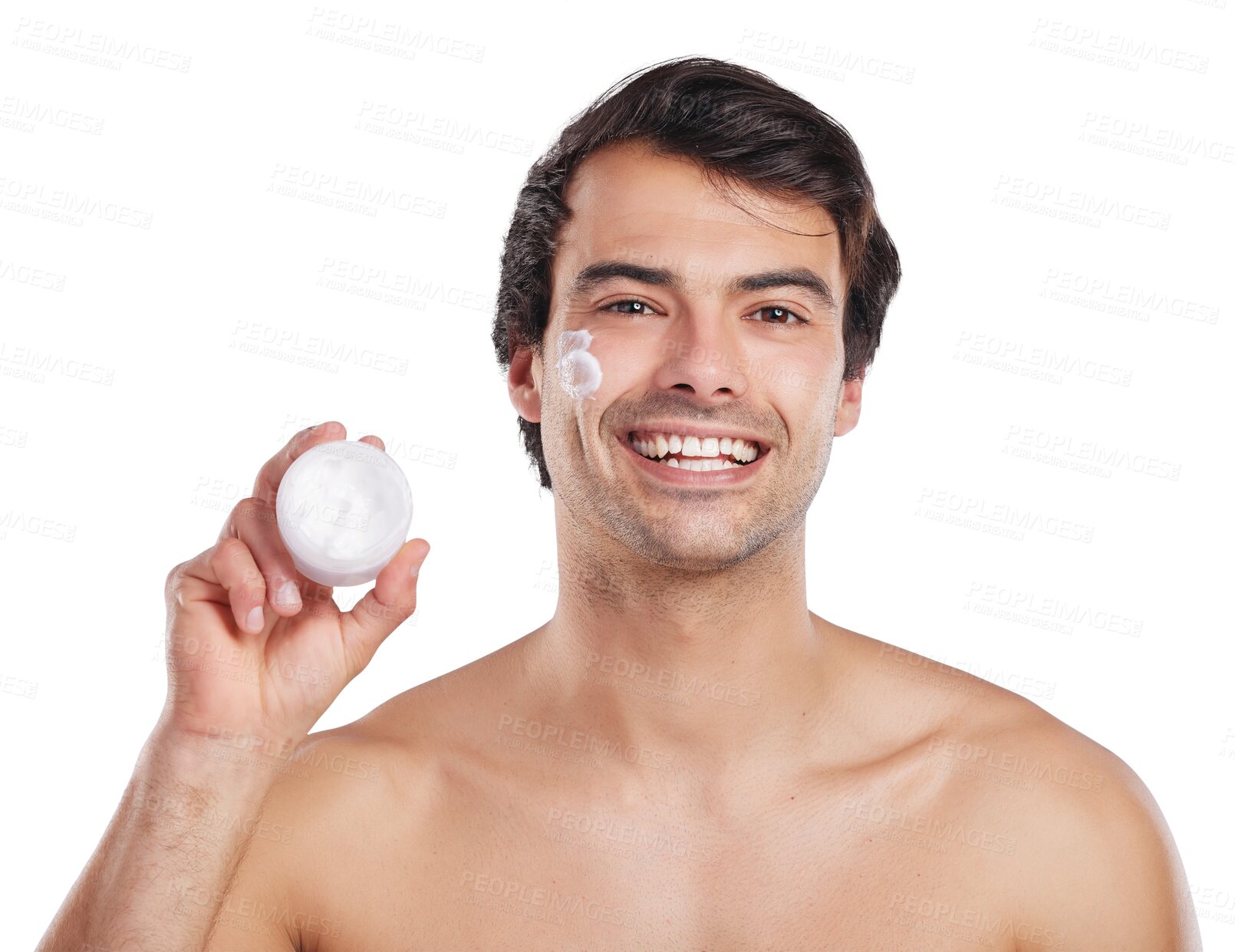 Buy stock photo Skincare, portrait and happy man with cream container, lotion or beauty product for morning routine, self care or acne protection. Face hydration, moisturizer and model on transparent, png background