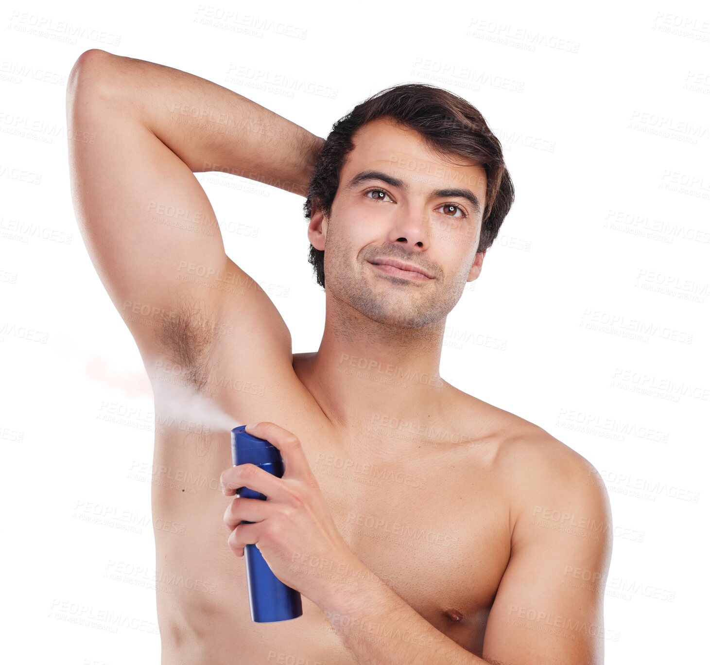 Buy stock photo Deodorant, armpit spray and man with aroma product container for beauty, grooming and body hygiene. Morning routine, self care and person with underarm fragrance scent on transparent, png background