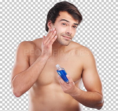 Buy stock photo Portrait, cologne and man with aftershave, cosmetics and beauty isolated on a transparent background. Face, person and model with a product, bottle and skincare with wellness, grooming routine or png