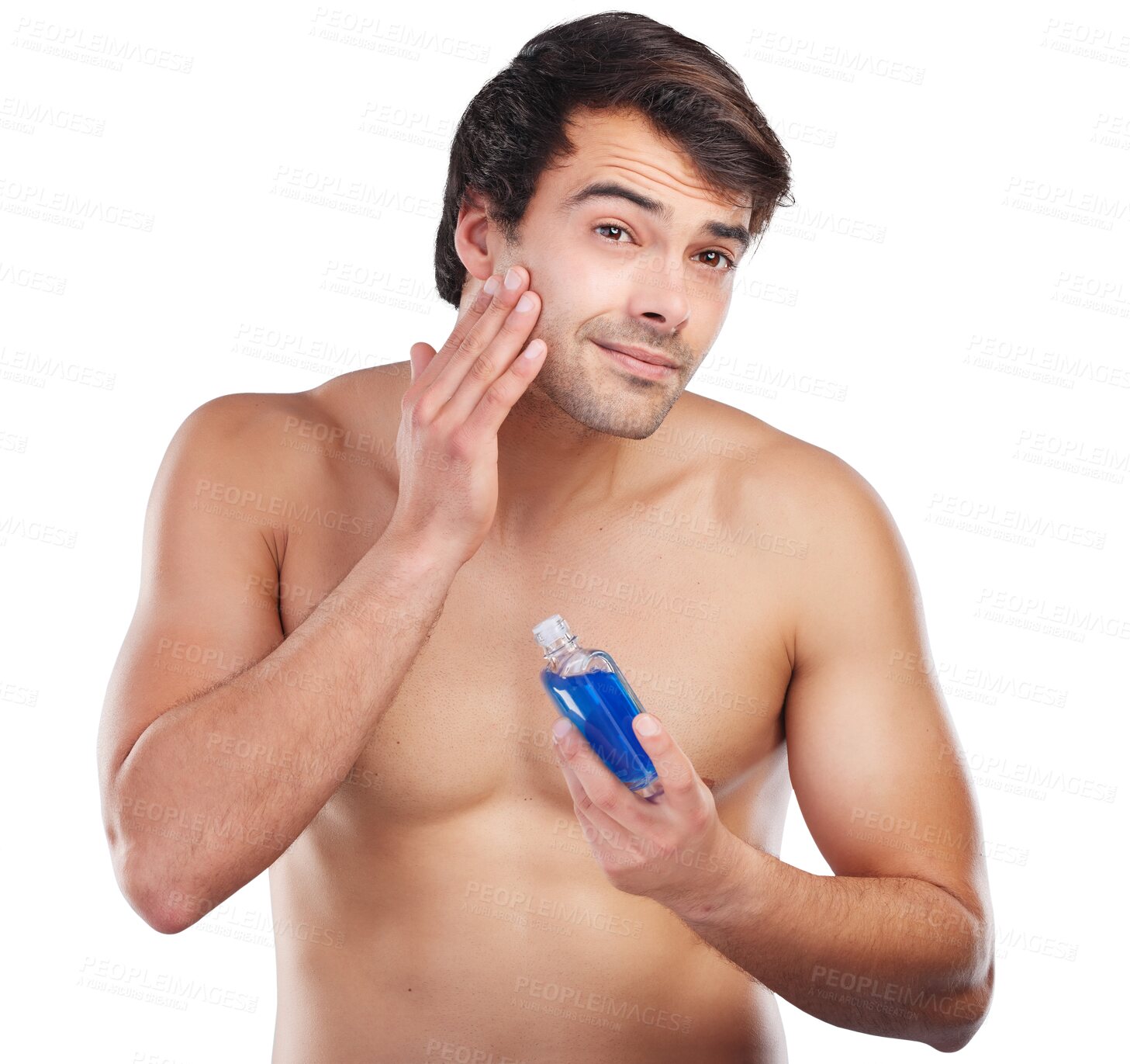 Buy stock photo Portrait, cologne and man with aftershave, cosmetics and beauty isolated on a transparent background. Face, person and model with a product, bottle and skincare with wellness, grooming routine or png