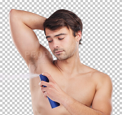 Buy stock photo Deodorant, armpit spray and fresh man with antiperspirant container for beauty, grooming and hygiene. Morning routine, wellness and clean person with underarm perfume on transparent, png background