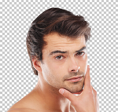 Buy stock photo Portrait, skincare and man with cosmetics, beauty and confident guy isolated on transparent background. Face, person and model with dermatology, wellness and grooming routine with shine, glow and png