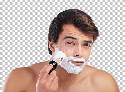 Buy stock photo Shaving, foam and portrait of man for skincare, wellness and health on png and transparent background. Beauty, beard and isolated person with face cream for grooming, hygiene and facial hair removal