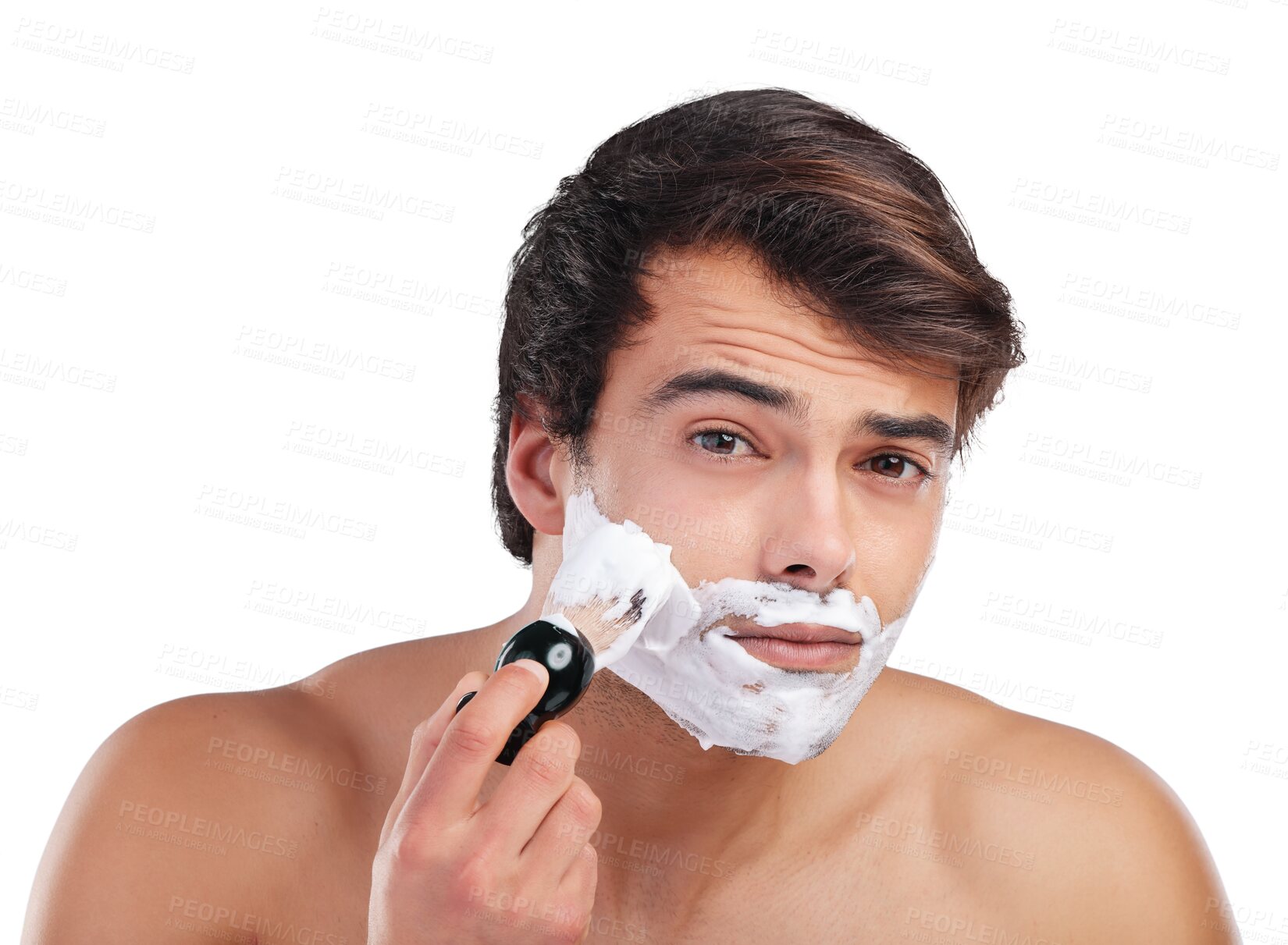 Buy stock photo Shaving, foam and portrait of man for skincare, wellness and health on png and transparent background. Beauty, beard and isolated person with face cream for grooming, hygiene and facial hair removal