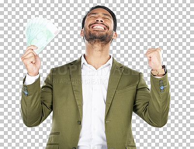 Buy stock photo Celebration, finance or Asian man with cash, business or investment isolated on transparent background. Salary increase, Japanese person or accountant with money, savings and financial freedom or png