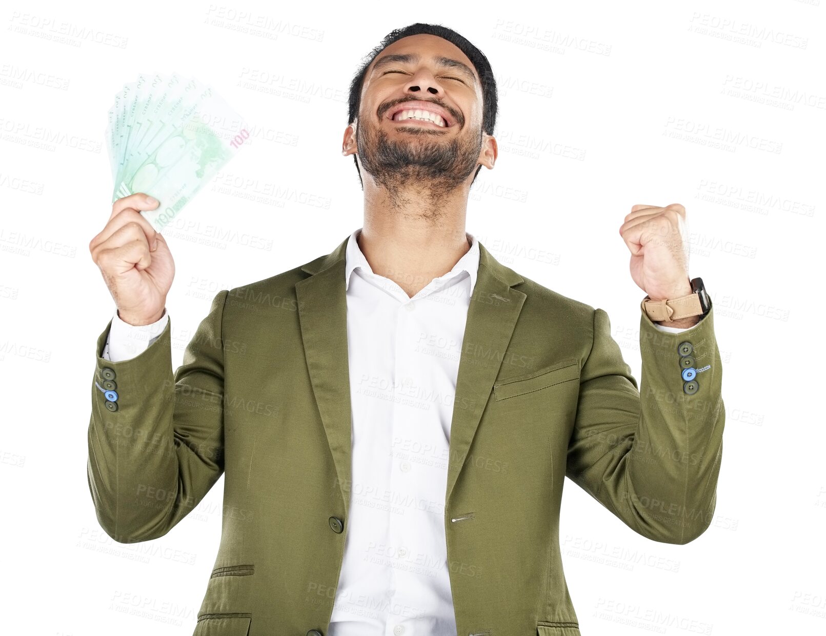 Buy stock photo Celebration, finance or Asian man with cash, business or investment isolated on transparent background. Salary increase, Japanese person or accountant with money, savings and financial freedom or png