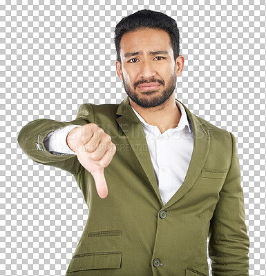 Buy stock photo Portrait man, business problem and thumbs down for negative fail sign, no opinion vote or decision disagreement. Emoji hand gesture, corporate crisis and agent isolated on transparent, png background