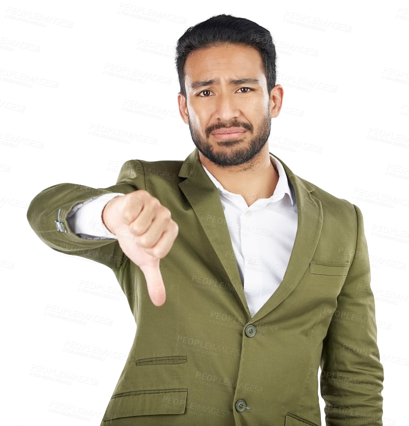 Buy stock photo Portrait man, business problem and thumbs down for negative fail sign, no opinion vote or decision disagreement. Emoji hand gesture, corporate crisis and agent isolated on transparent, png background