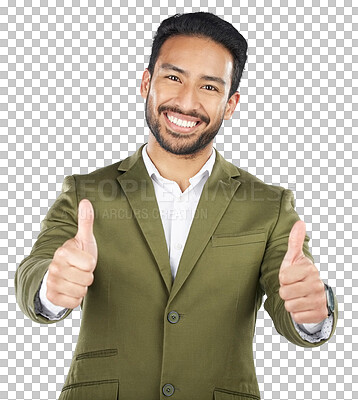 Buy stock photo Happy businessman, portrait and thumbs up in thank you, winning or success isolated on a transparent PNG background. Asian man smile with like emoji, yes sign or OK in agreement, good job or approval