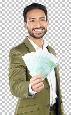 Buy stock photo Portrait, investment and Asian man with cash, business and financial freedom isolated on transparent background. Face, Japanese person and accountant with money, savings and bill with salary and png