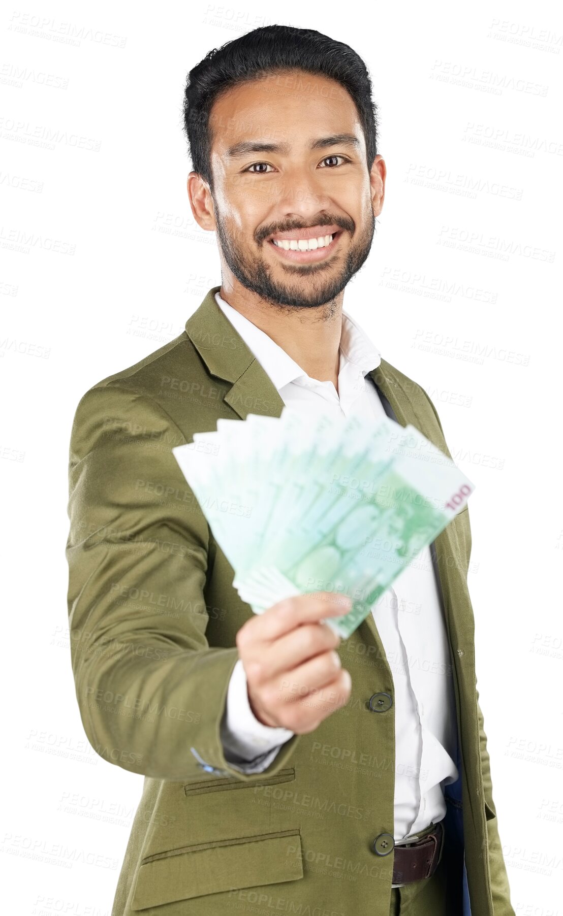 Buy stock photo Portrait, investment and Asian man with cash, business and financial freedom isolated on transparent background. Face, Japanese person and accountant with money, savings and bill with salary and png