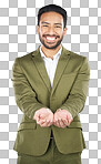 Hands, open and portrait of business man in studio for charity,