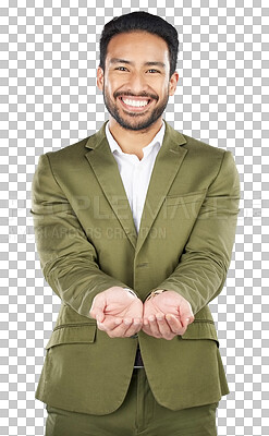 Buy stock photo Hands, open and portrait of businessman receiving an opportunity in transparent, isolated or png background. Support, charity and giving or begging gesture for donation, financial aid or investment