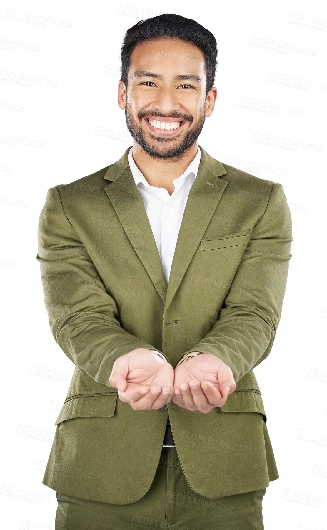 Buy stock photo Hands, open and portrait of businessman receiving an opportunity in transparent, isolated or png background. Support, charity and giving or begging gesture for donation, financial aid or investment