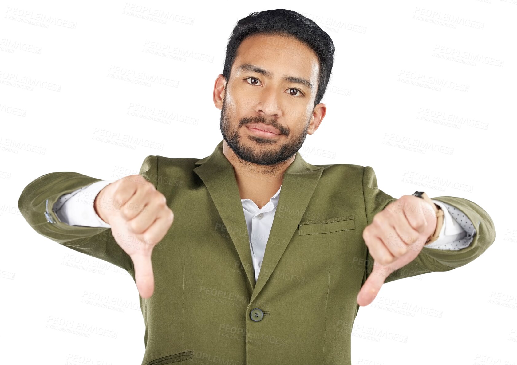 Buy stock photo Portrait man, corporate problem and thumbs down for business fail, no opinion vote or decision disagreement. Emoji hand gesture, rejection and Asian consultant isolated on transparent, png background