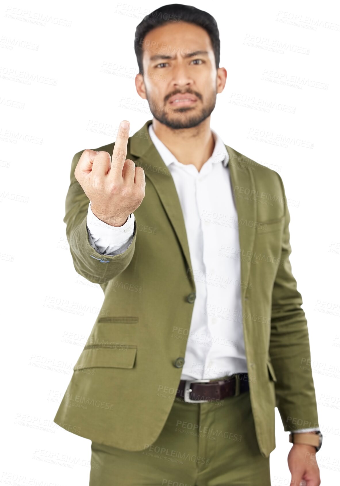 Buy stock photo Business man, middle finger and portrait with anger, rude gesture and frustrated isolated on a png transparent background. Indian entrepreneur, upset and emoji for sign language, vote and opinion