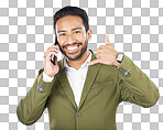 Phone call, hand gesture and portrait of business man in studio