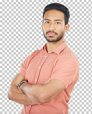 Buy stock photo Man, portrait and fashion confident trendy style or clothes outfit, isolated on transparent png background. Asian person, face and arms crossed for cool expression or serious mood, pride or handsome