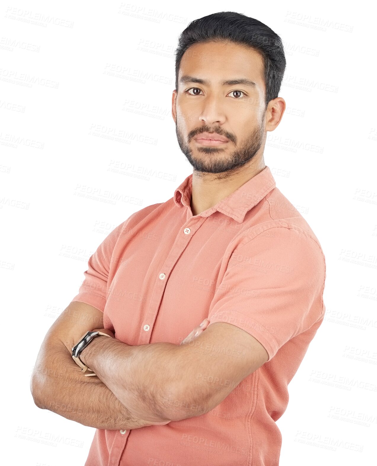 Buy stock photo Man, portrait and fashion confident trendy style or clothes outfit, isolated on transparent png background. Asian person, face and arms crossed for cool expression or serious mood, pride or handsome