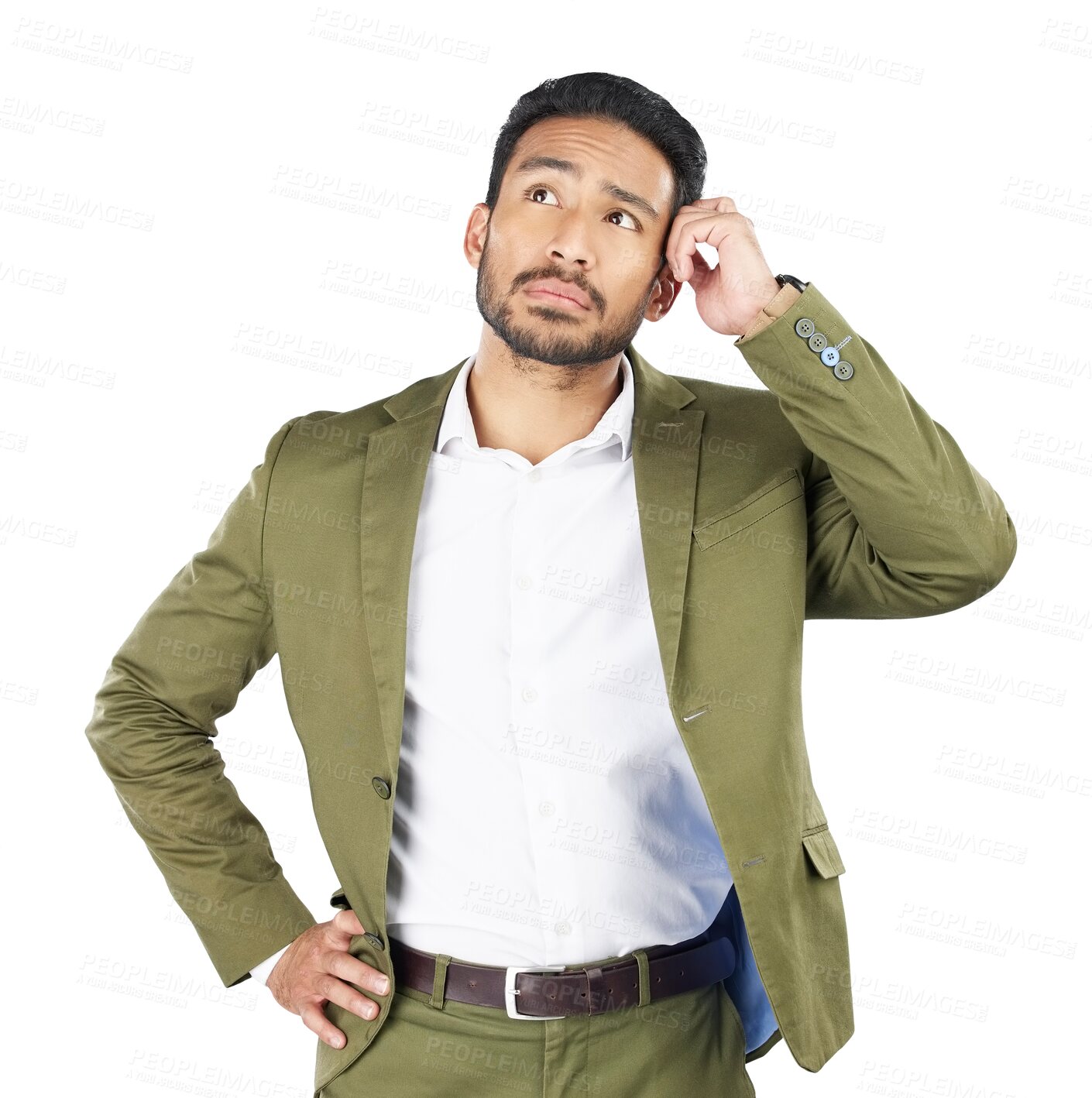 Buy stock photo Business, man and thinking of ideas for choice, problem solving and brainstorming isolated on transparent png background. Asian worker daydream of decision, planning solution and insight of questions