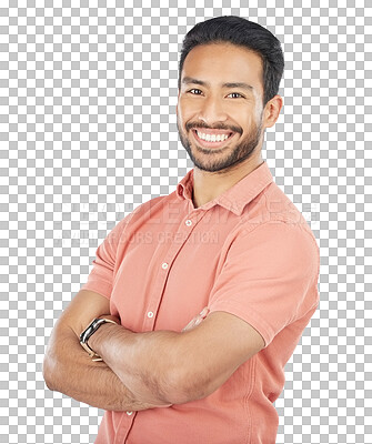 Buy stock photo Man, smile and portrait confidence for fashion or cool style, positive or isolated on transparent png background. Asian person, face and happy as clothes outfit or casual trends, pose or arms crossed