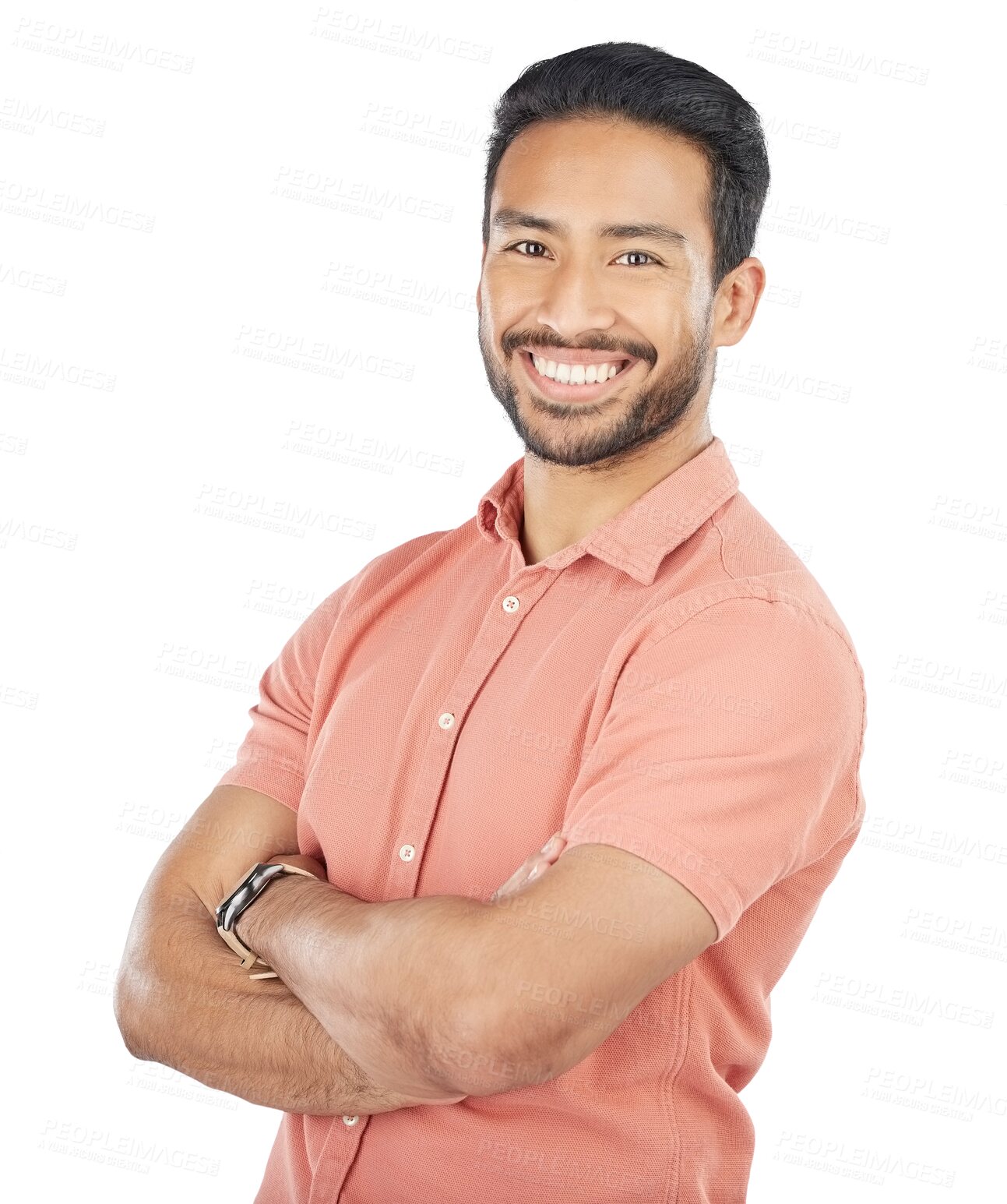 Buy stock photo Man, smile and portrait confidence for fashion or cool style, positive or isolated on transparent png background. Asian person, face and happy as clothes outfit or casual trends, pose or arms crossed