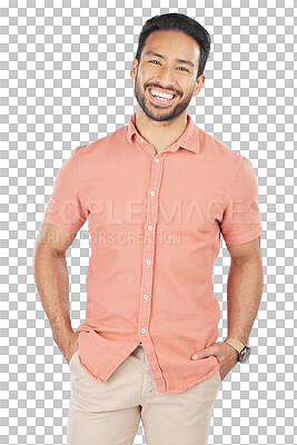 Buy stock photo Fashion, portrait and happy business man with confidence, pride or positive attitude on isolated, transparent or png background. Face, smile or stylish asian entrepreneur in trendy, outfit or clothes