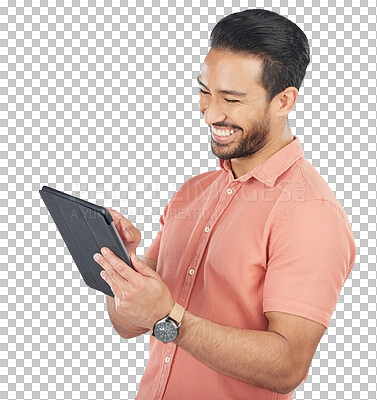 Buy stock photo Search, tablet and happy man for entrepreneur, technology and internet on isolated transparent png background. Online, planning and young person for employee, working and connection for networking