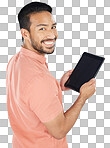 Smile, tablet and portrait of man search internet with technolog