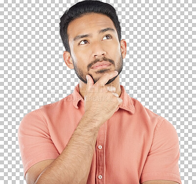 Buy stock photo Thinking, face and asian man with idea for planning, choice or questions isolated on png transparent background. Brainstorming, Japanese male model and confused by decision or problem solving emoji