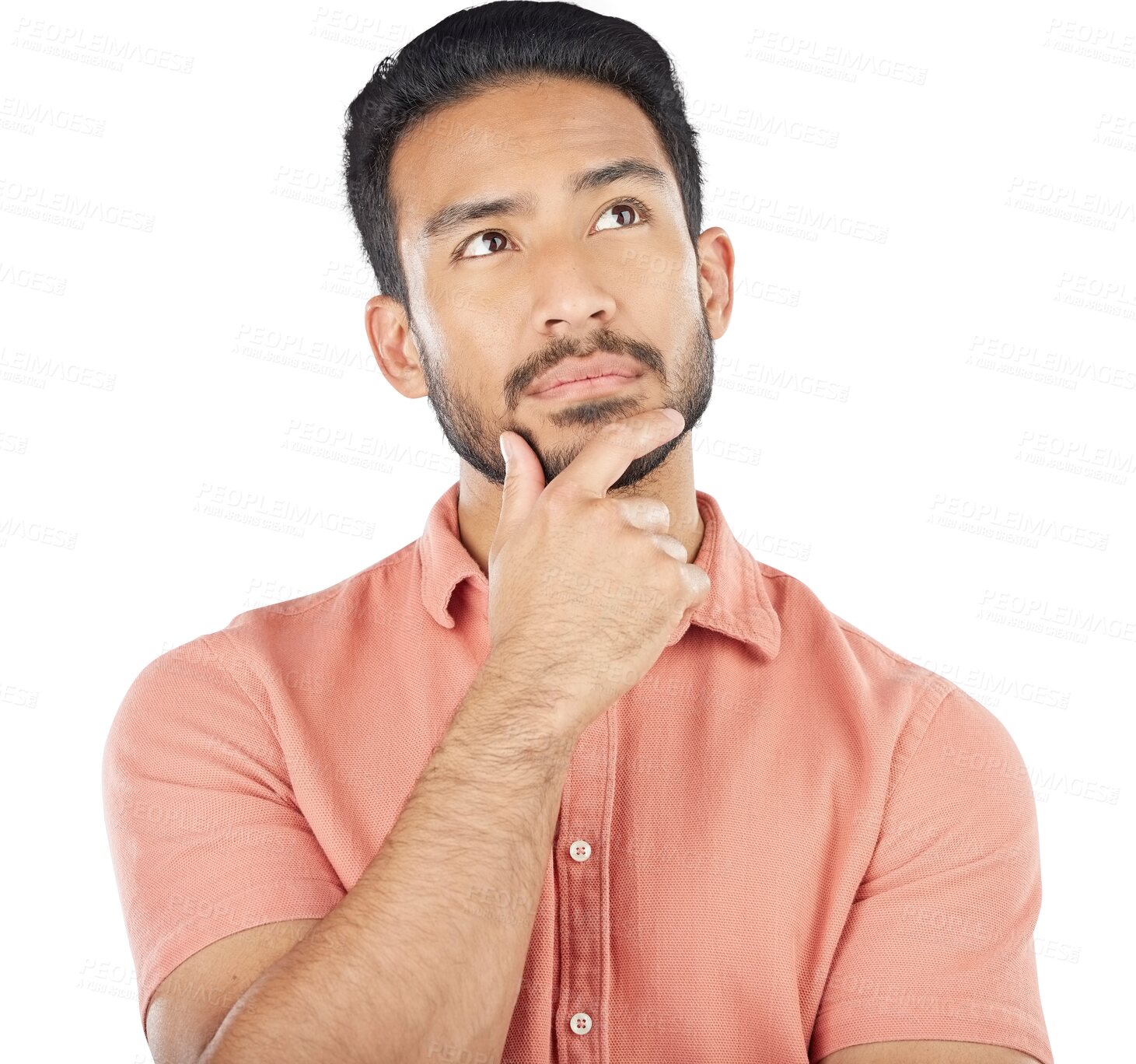 Buy stock photo Thinking, face and asian man with idea for planning, choice or questions isolated on png transparent background. Brainstorming, Japanese male model and confused by decision or problem solving emoji