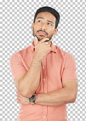 Buy stock photo Face, asian man and thinking of idea for planning, decision or questions isolated on png transparent background. Brainstorming, male model or person and confused with choice and problem solving emoji