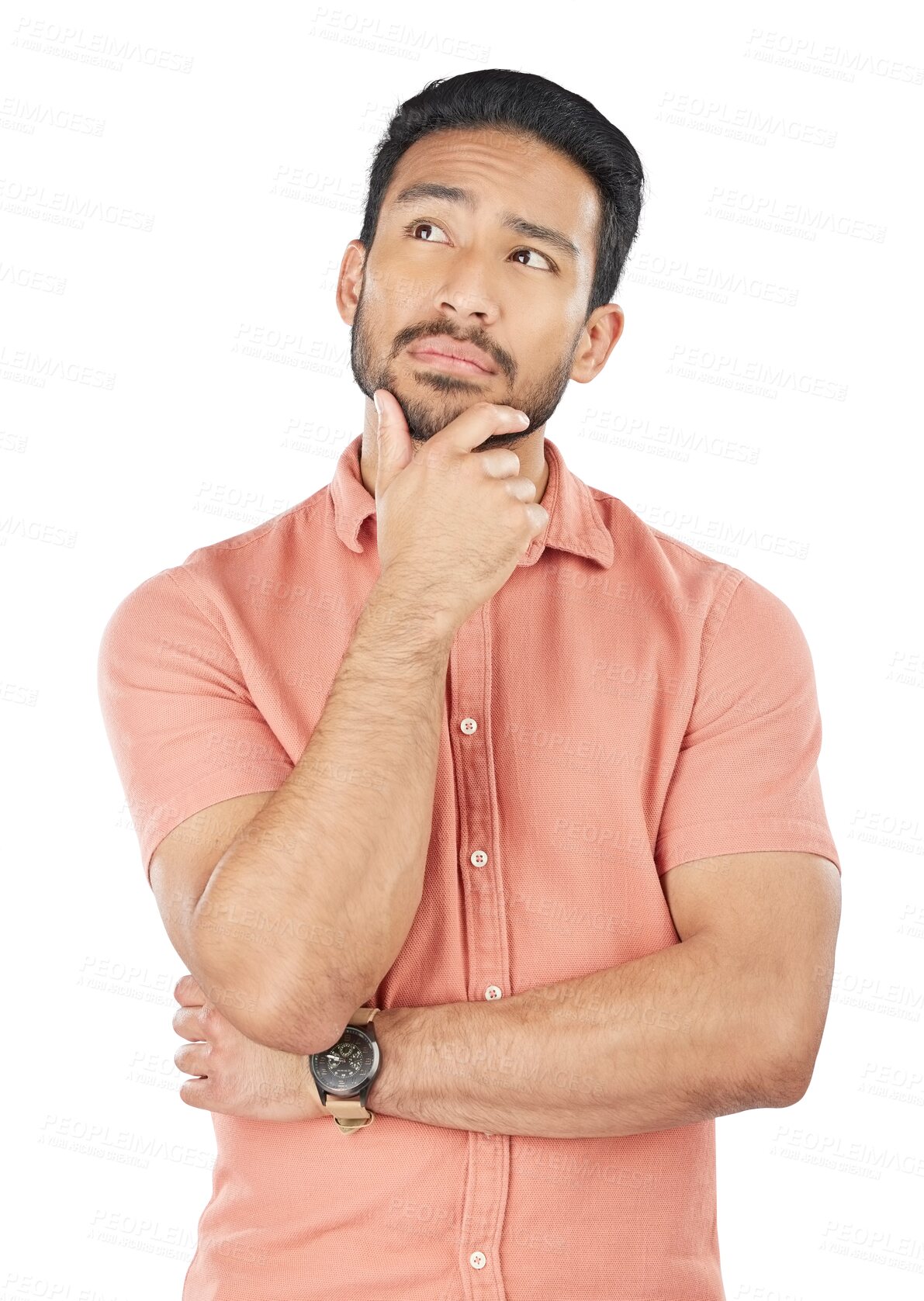 Buy stock photo Face, asian man and thinking of idea for planning, decision or questions isolated on png transparent background. Brainstorming, male model or person and confused with choice and problem solving emoji