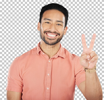 Buy stock photo Peace, hands and portrait of happy man with thank you, support or feedback sign on isolated, transparent or png background. V, emoji and face of Japanese model with review, opinion or freedom vote