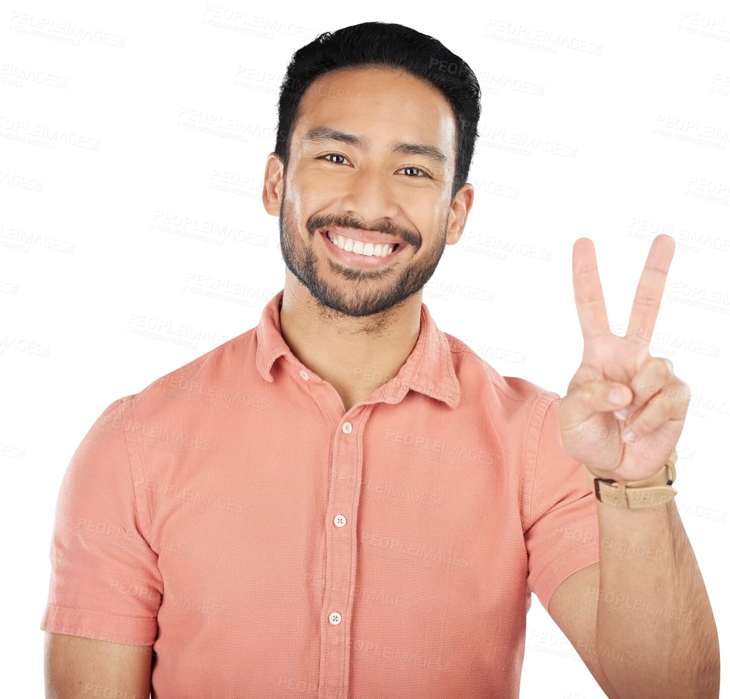 Buy stock photo Peace, hands and portrait of happy man with thank you, support or feedback sign on isolated, transparent or png background. V, emoji and face of Japanese model with review, opinion or freedom vote