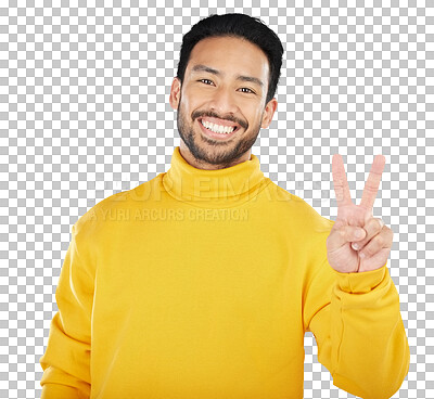 Buy stock photo Peace, smile and portrait of man for winning, success and feedback of vote isolated on transparent png background. Asian model, emoji and v sign for victory, hope or icon of freedom, support or pride