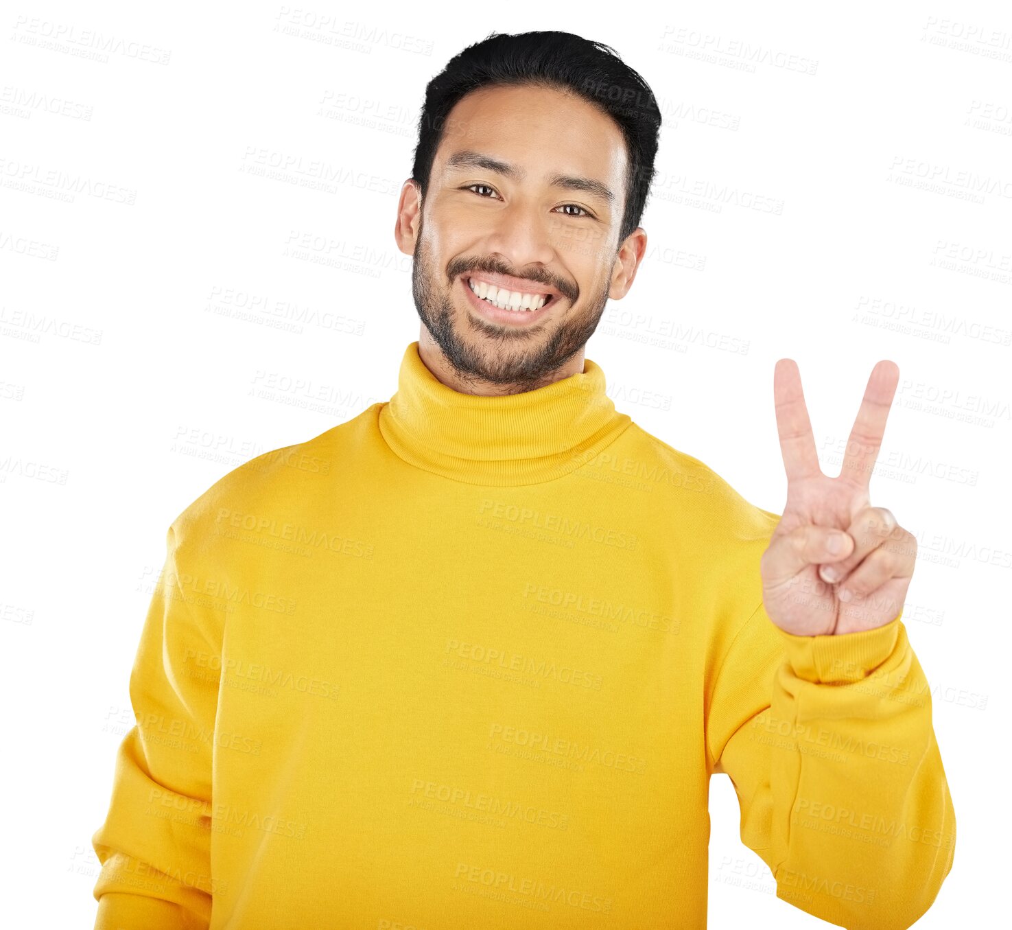 Buy stock photo Peace, smile and portrait of man for winning, success and feedback of vote isolated on transparent png background. Asian model, emoji and v sign for victory, hope or icon of freedom, support or pride