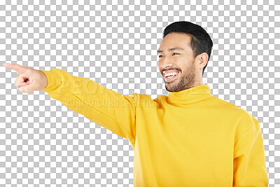 Buy stock photo Advertising, pointing and man happy, smile and show information direction, commercial or discount promotion. Presentation gesture, happiness and ads person isolated on transparent, png background