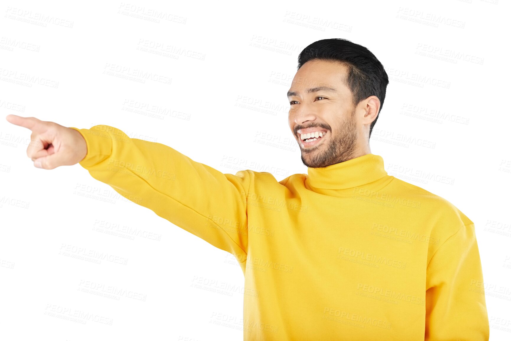 Buy stock photo Advertising, pointing and man happy, smile and show information direction, commercial or discount promotion. Presentation gesture, happiness and ads person isolated on transparent, png background